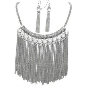 Dramatic Chain Drop Fringe Silver Statement Rhinestone Necklace
Earrings Set
